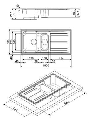 Chiuveta dublă, negru, SMEG - LZ102A2