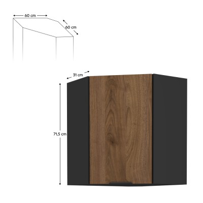 Dulap de colţ superior, nuc okapi/negru, MENZO 60x60 GN-72 1F