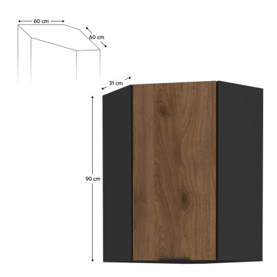 Dulap de colţ superior, nuc okapi/negru, MENZO 60x60 GN-90 1F