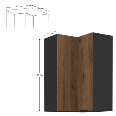 Dulap de colţ superior, nuc okapi/negru, MENZO 60x60 GN-90 2F