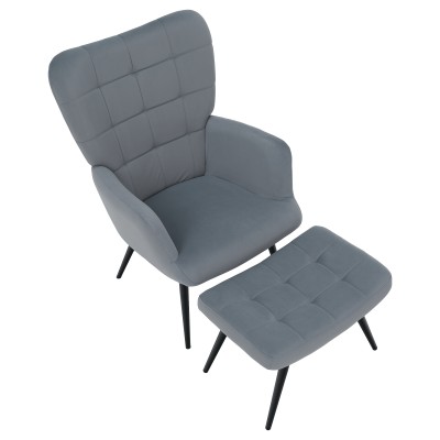 Fotoliu cu suport pentru picioare, ţesătură Velvet gri/negru, HABEN