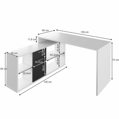 Masă PC de colț, alb/ negru, NOE