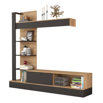 Mobilier de perete living, stejar Riviera / negru, GELUZA