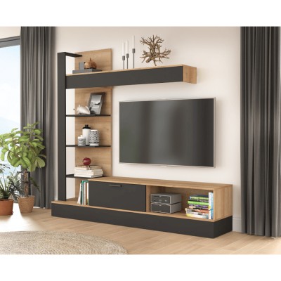 Mobilier de perete living, stejar Riviera / negru, GELUZA