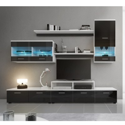 Mobilier living, alb/ negru lucios, GALEO