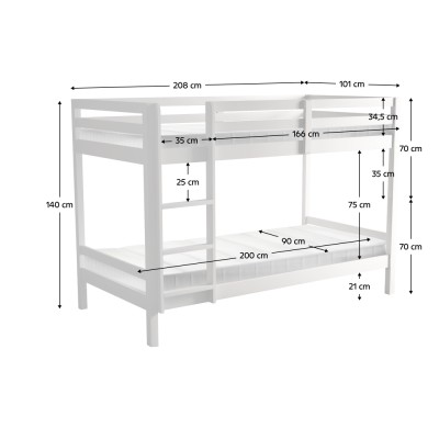 Pat supraetajat, 90x200, lemn masiv, alb, INEZA