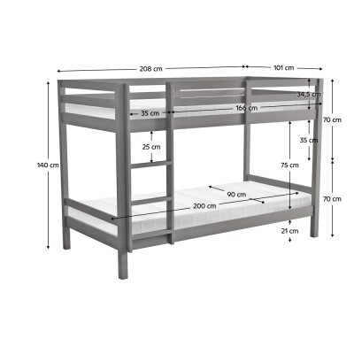 Pat supraetajat, 90x200, lemn masiv, gri, INEZA
