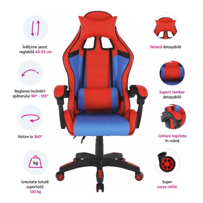 Scaun gaming, albastru/ roşu, SPIDEX