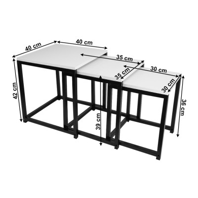 Set 3 măsuţe de cafea, alb mat/negru, KASTLER