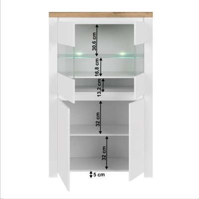 Vitrină 2D2W, alb lucios/ stejar wotan, VILGO